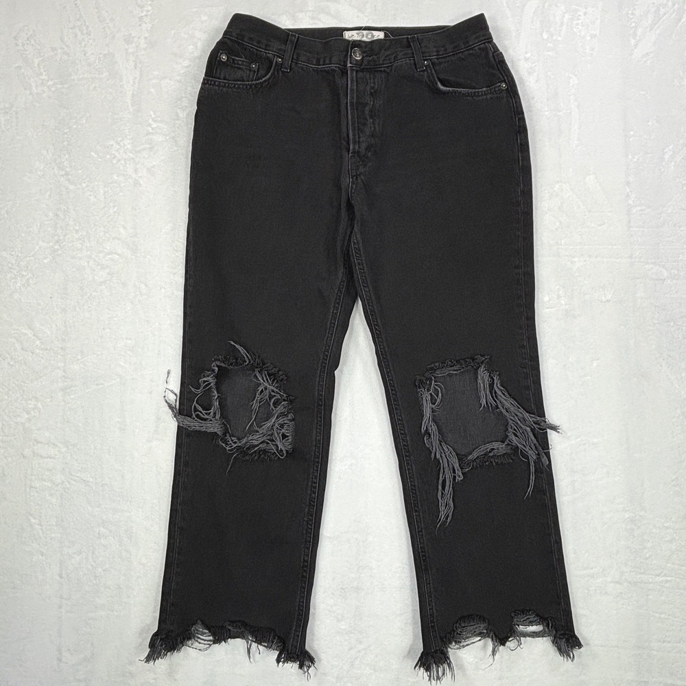 We The Free Free People Distressed Black Straight Leg Jeans Button Fly Size 29